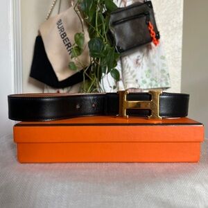 Black Leather Belt with Gold Buckle